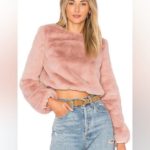 LOVERS + FRIENDS Revolve Teagan Faux Fur Cropped Pink Sweater, Size XS - Picture 2 of 14